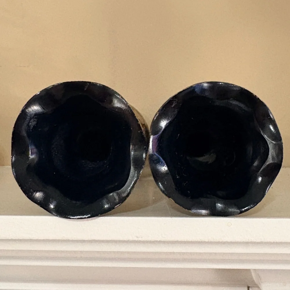 Pair of Vintage Indian Brass Vases - Black Enamel with Hand Etched Design